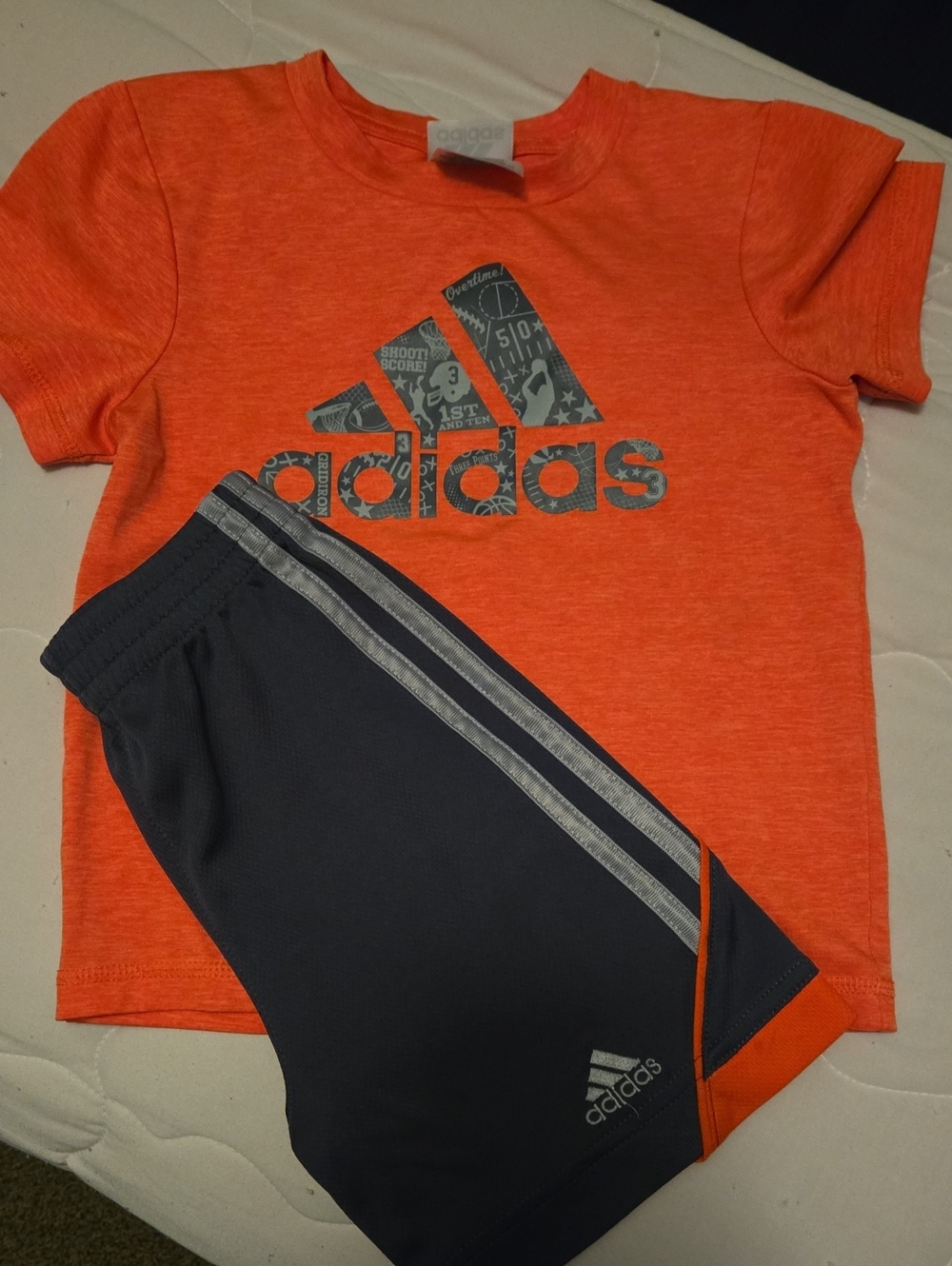 Adidas Orange Tee with Navy Athletic Shorts